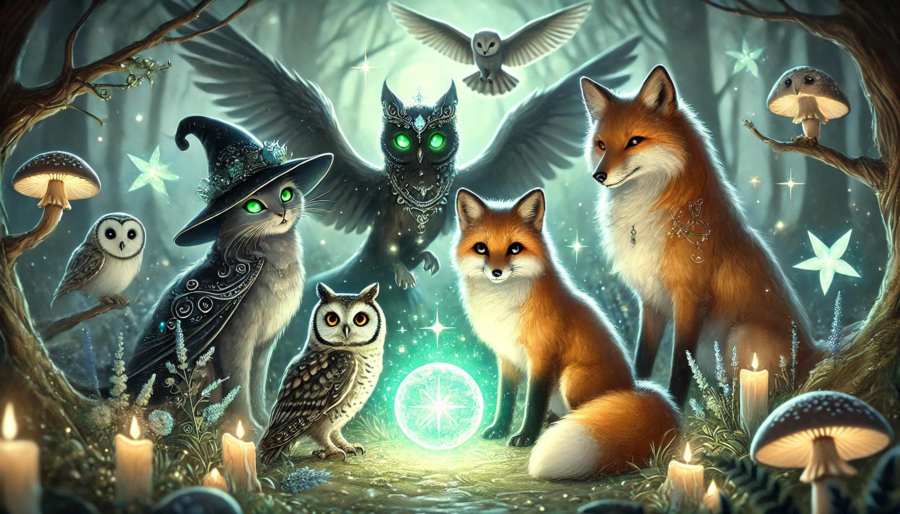A gathering of animal familiars — a cat in a witch's hat, owls, and foxes — around a glowing pentacle in a candlelit forest